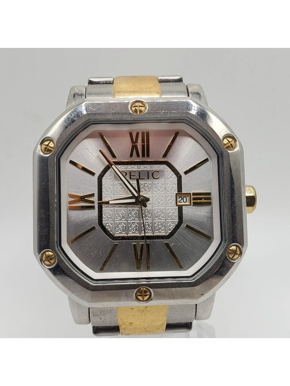 Relic ZR77243 Quartz Watch Mens 43mm Square Two Two-Tone Date Dial New Battery